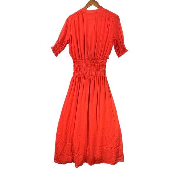 Zara Cherry Red Chiffon Blouson Midi Dress SIZE SMALL Button Front Deep V Retro - Picture 8 of 10